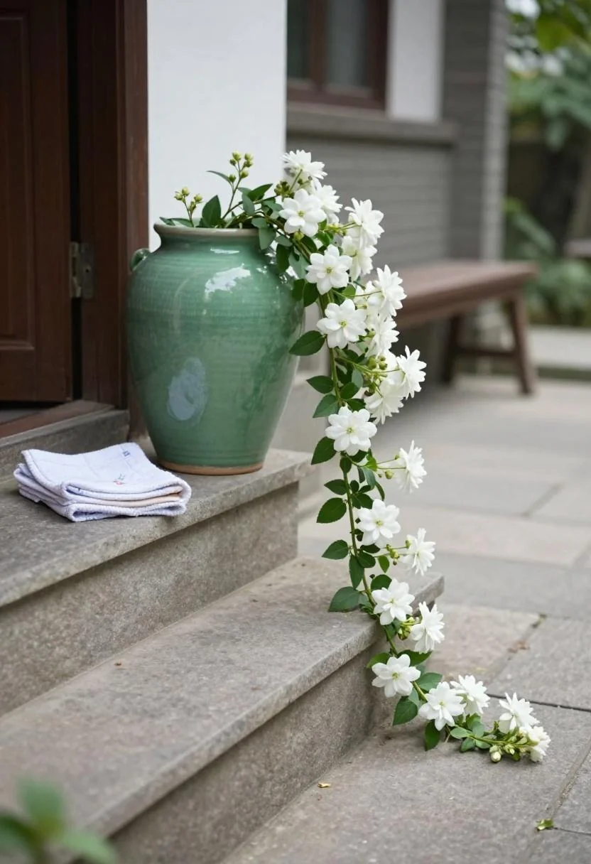 Jade ceramic pot and cotton bunting accenting a stone porch step with an open pathway