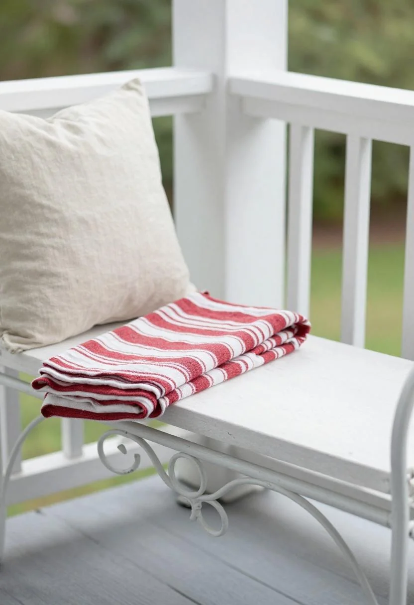 Wasabi linen pillow and striped cotton throw resting on a wrought-iron bench along a shaded porch railing