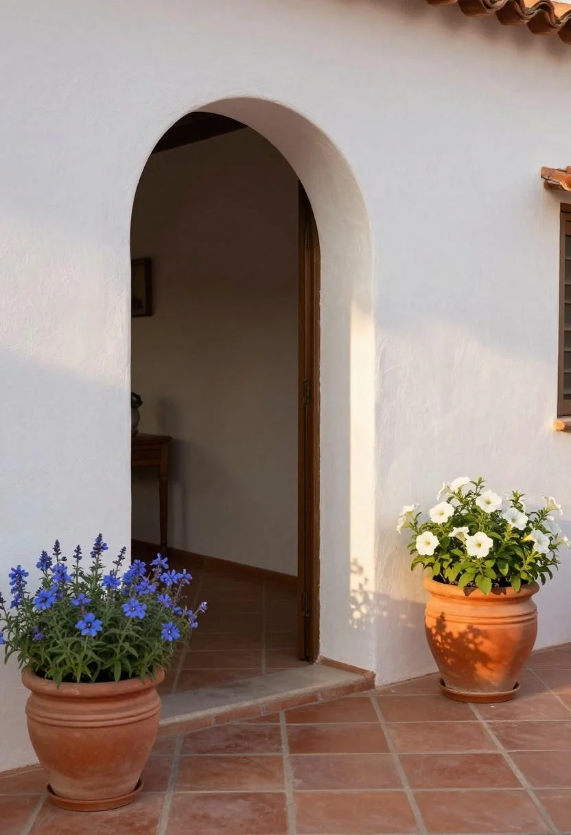 Persimmon ceramic planters with petunias and salvia framing a Mediterranean arched porch doorway at golden hour