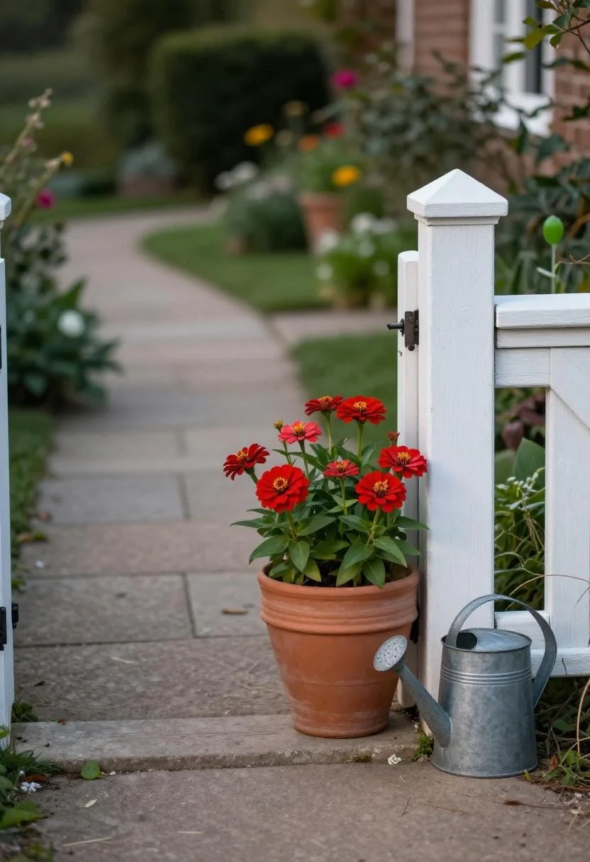 Terracotta pot of zinnias and galvanized watering can sitting beside a cottage garden gate at dusk