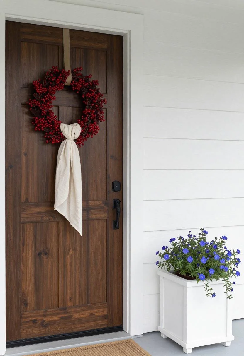Cream linen wreath and white oak planter with lobelia giving a modern porch understated patriotic style