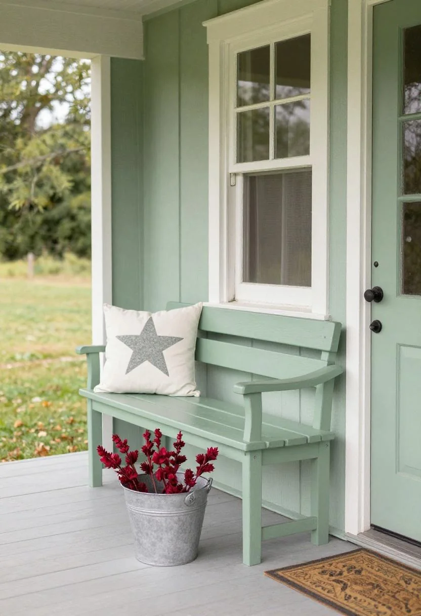 Sage green bench with a star pillow and galvanized bucket of amaranth bringing farmhouse patriotic charm
