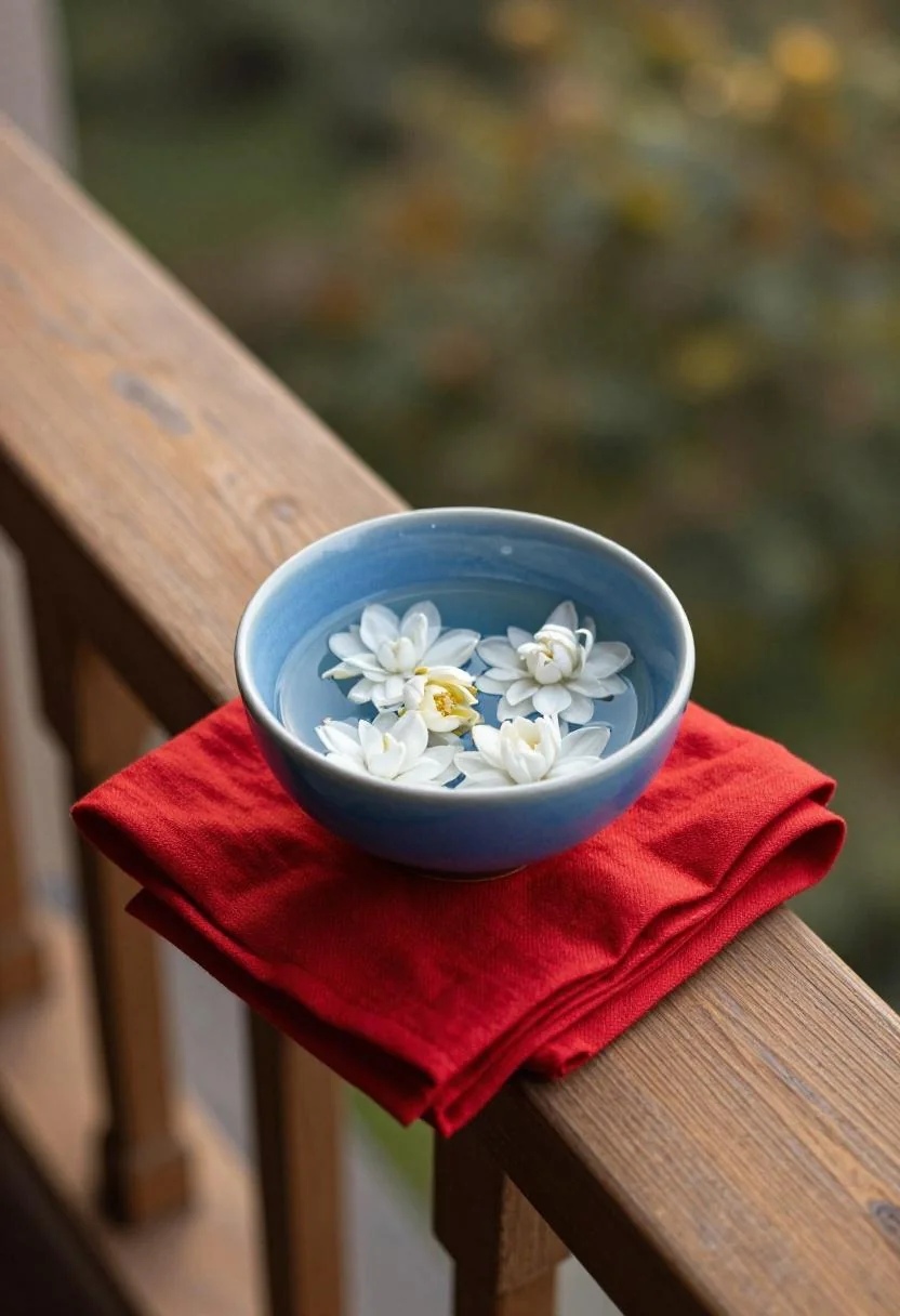 Cool blue bowl of floating gardenias on a teak balcony table catching golden hour light