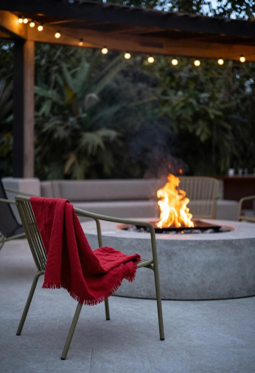 Wasabi metal chair and red linen throw beside a concrete fire pit creating a patriotic evening patio