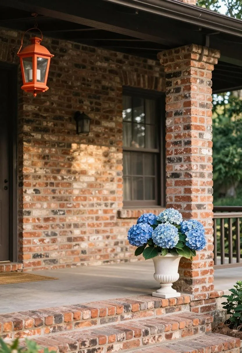 Persimmon iron lantern and limestone urn with hydrangeas accenting a brick porch in morning sunlight