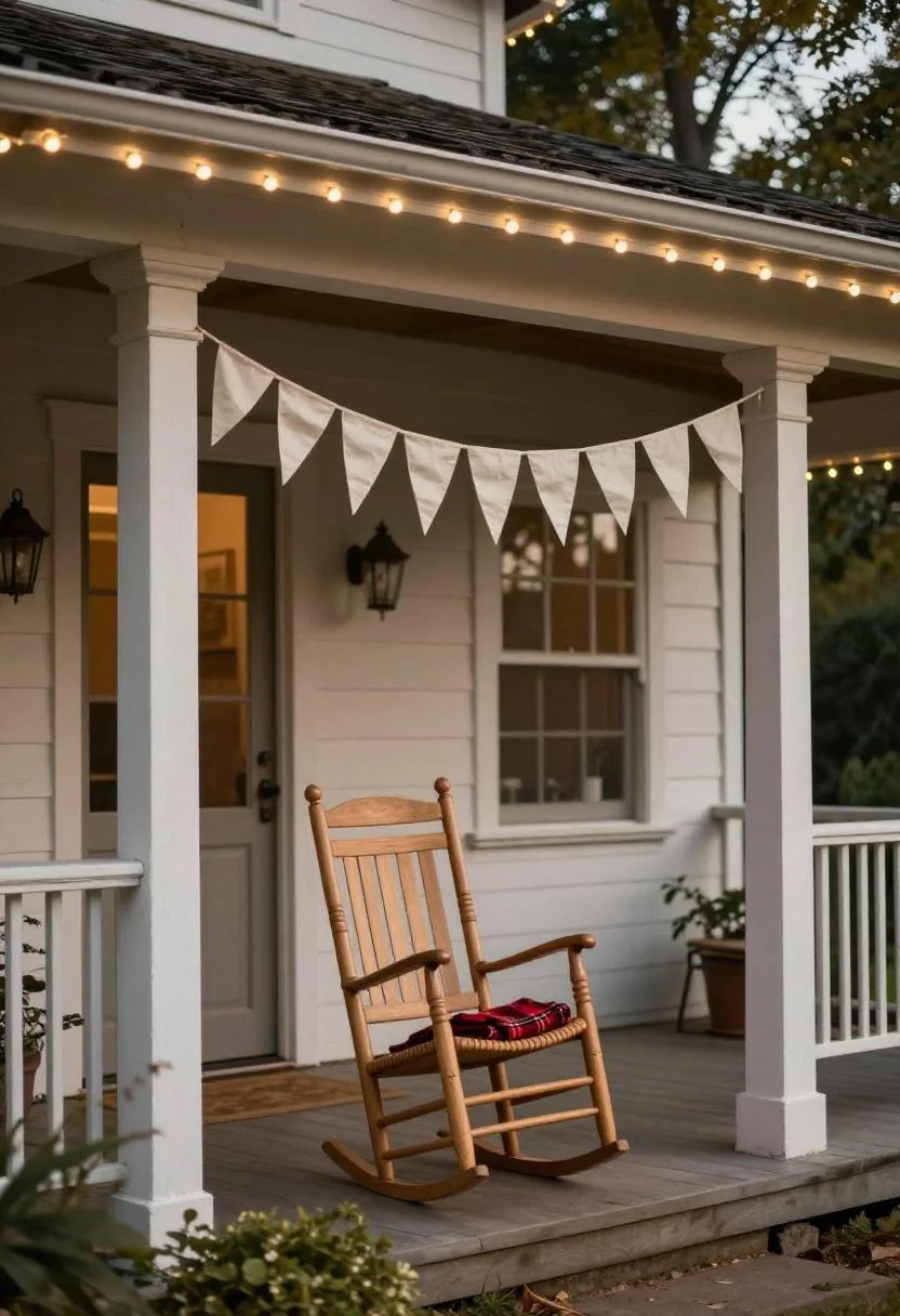 Cream cotton bunting and a pine rocker with red plaid blanket giving a cottage porch festive patriotic warmth at dusk