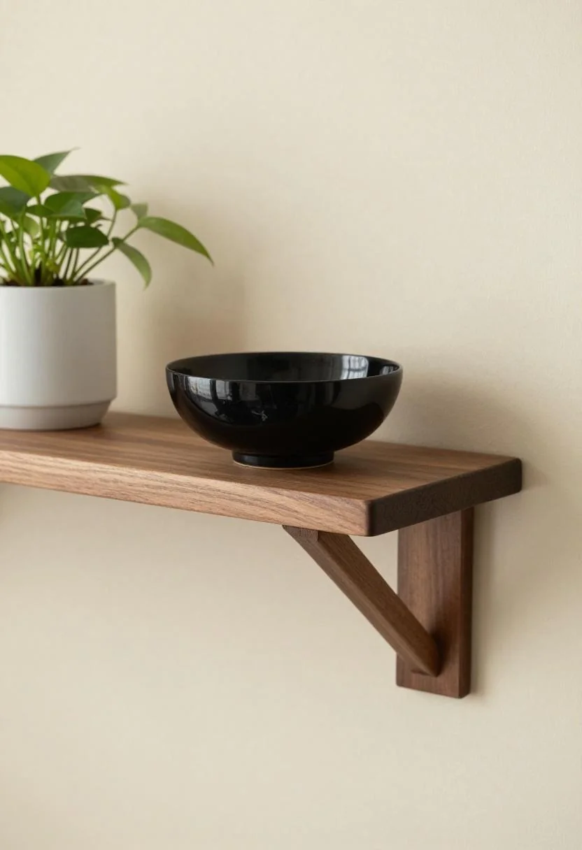 Japandi walnut shelf with plum noir bowl and trailing pothos plant in diffused daylight