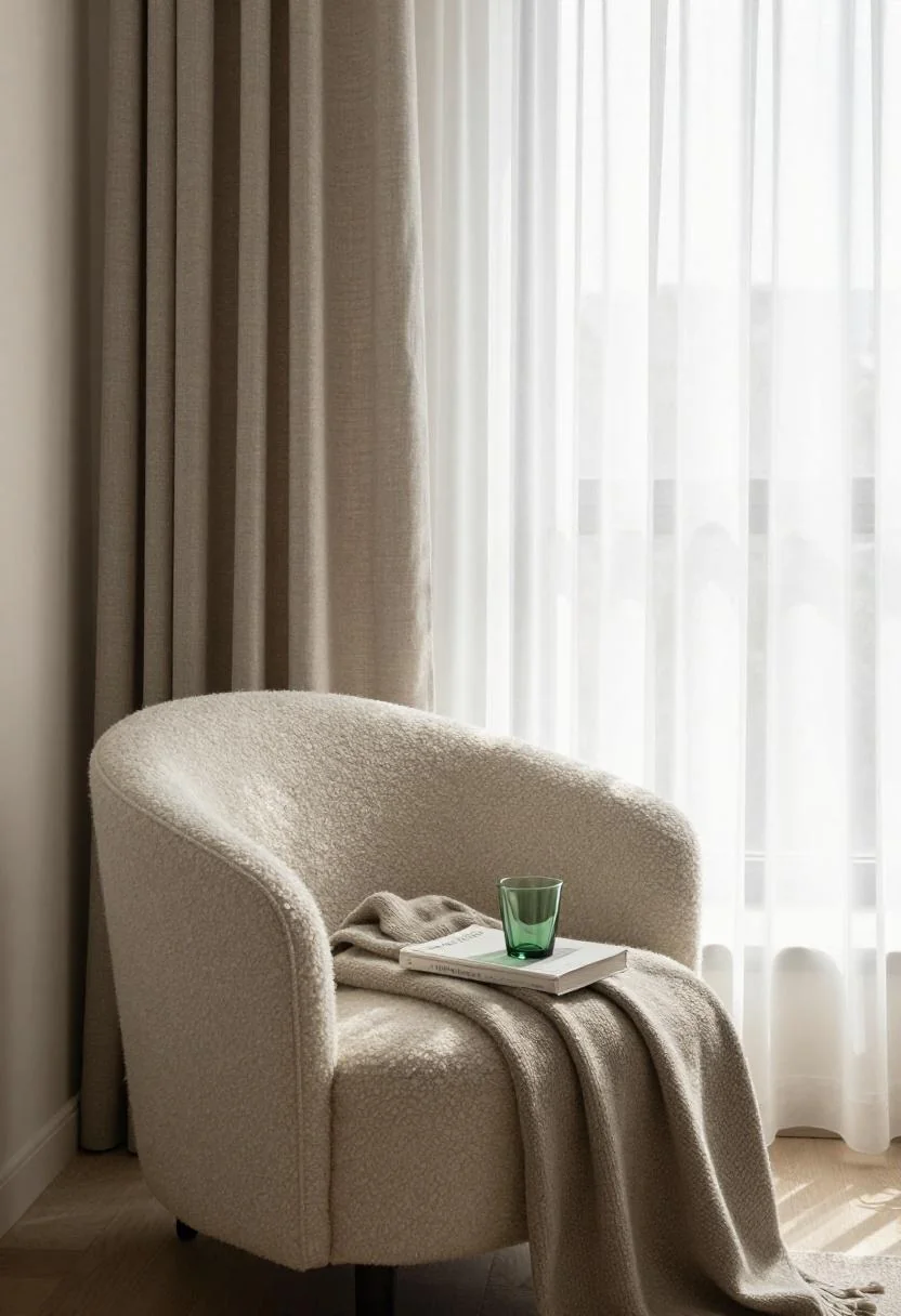 Scandinavian wool armchair with jade green glass tumbler in bright morning light