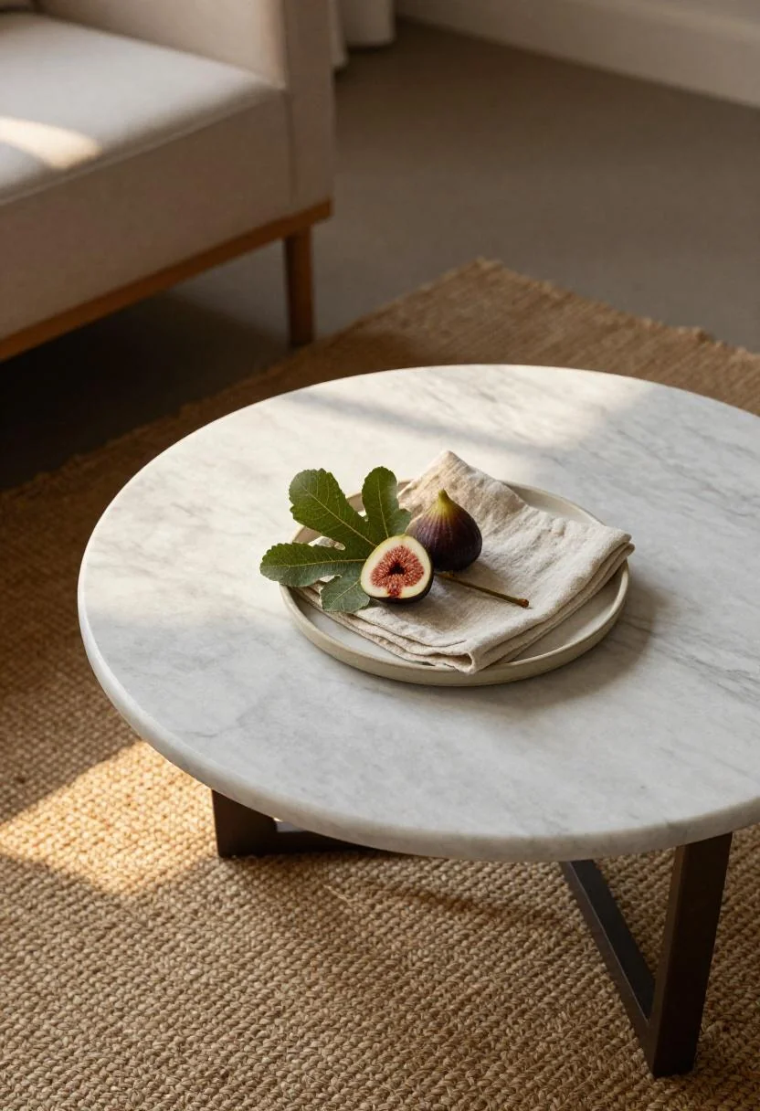 Marble coffee table with wasabi linen tray and fig branch in golden hour light