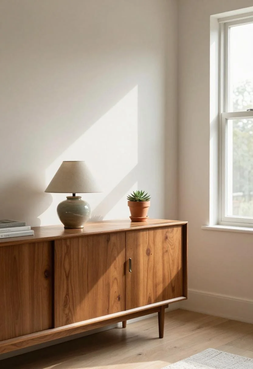 Mid-century walnut sideboard with persimmon ceramic lamp in warm afternoon light