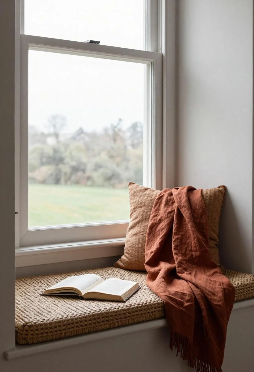 Bohemian rattan window seat with warm terracotta linen throw and open book