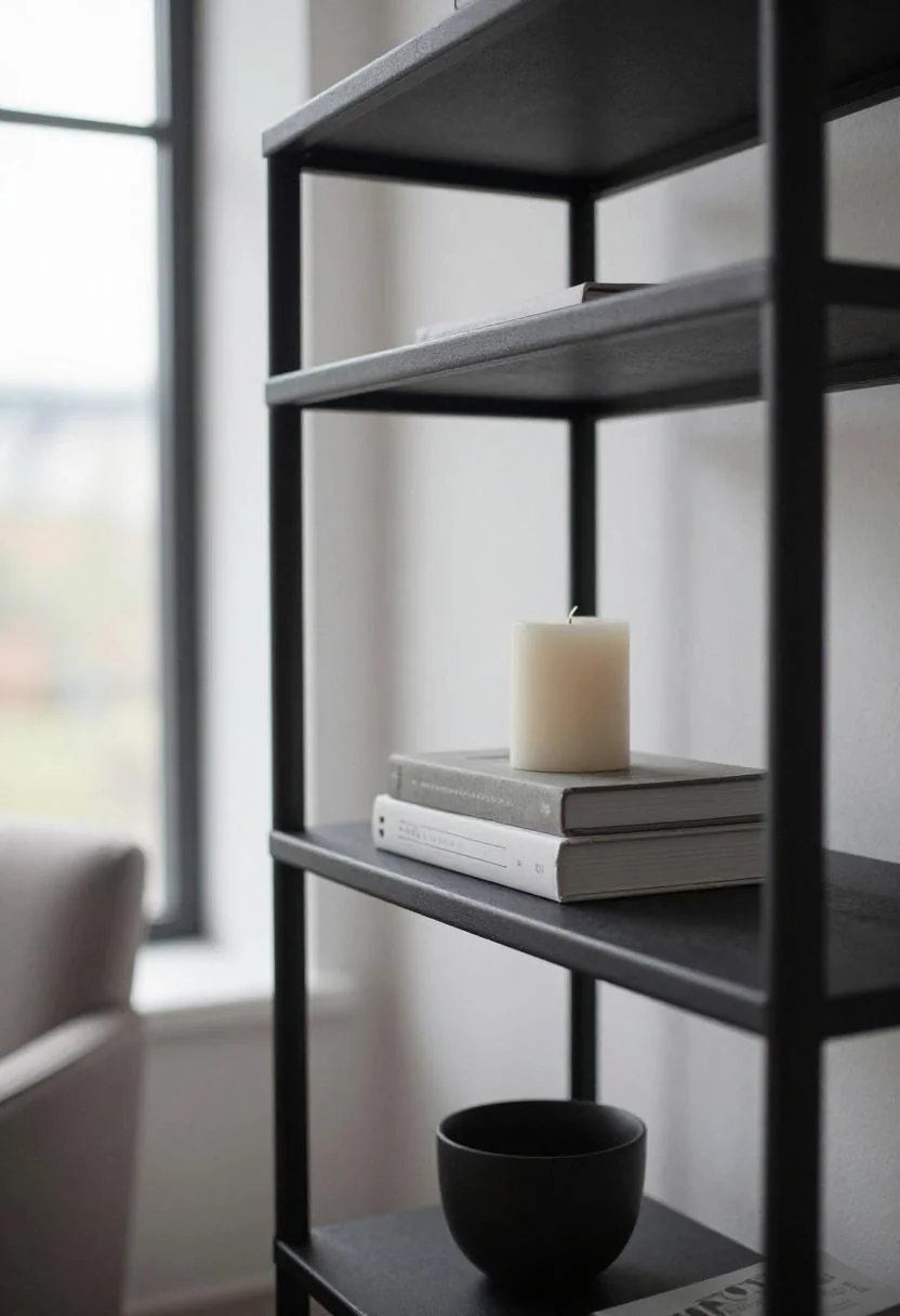 Industrial iron bookshelf with cream white pillar candle in even overcast light