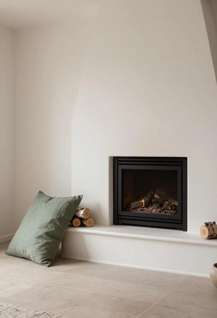 Scandinavian plaster fireplace with sage green linen cushion and stacked birch logs in summer styling