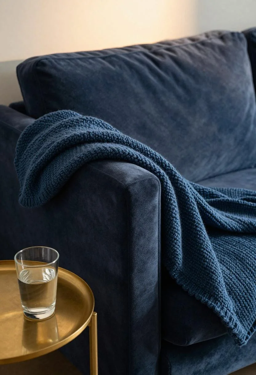 Velvet sofa armrest with cool blue knitted throw and brass side table in golden afternoon light