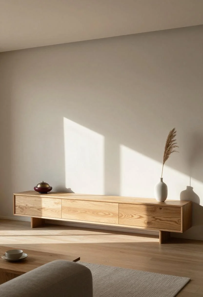 Japandi oak console with plum noir incense holder and dried reed stem in morning sun