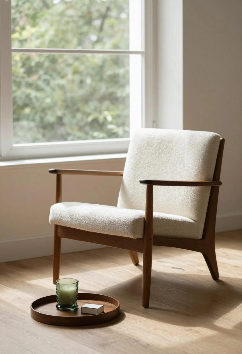 Mid-century plywood lounge chair with jade green glass candle on walnut tray