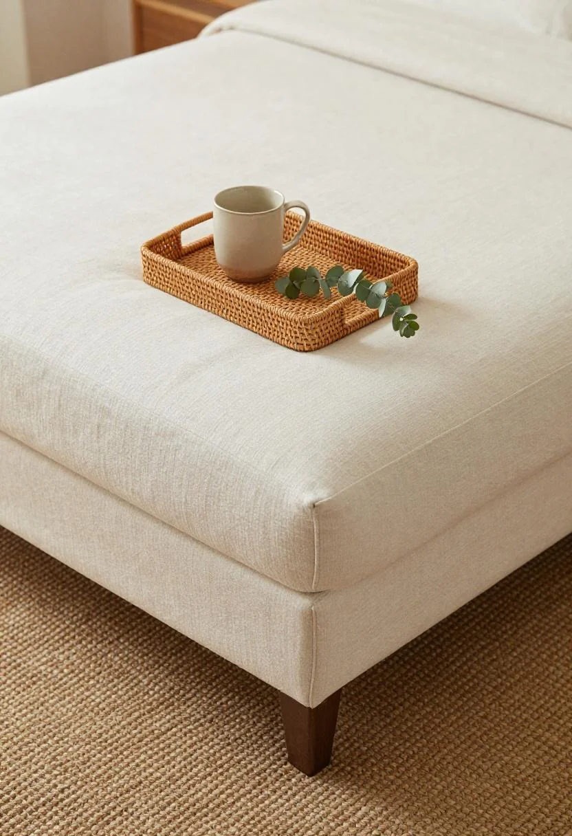 Linen ottoman with rattan tray, wasabi pottery mug, and eucalyptus sprig in diffused light