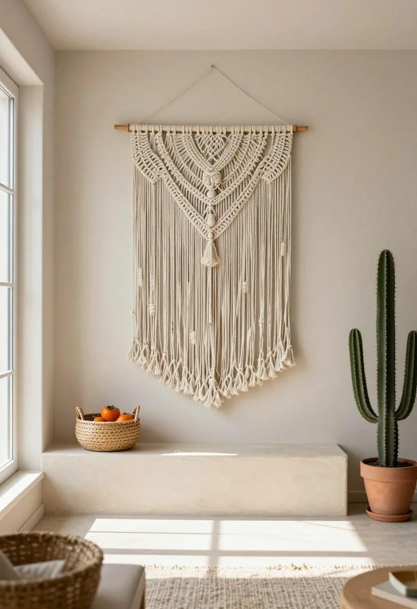 Bohemian plaster shelf with persimmon woven basket and clay cactus pot in morning light