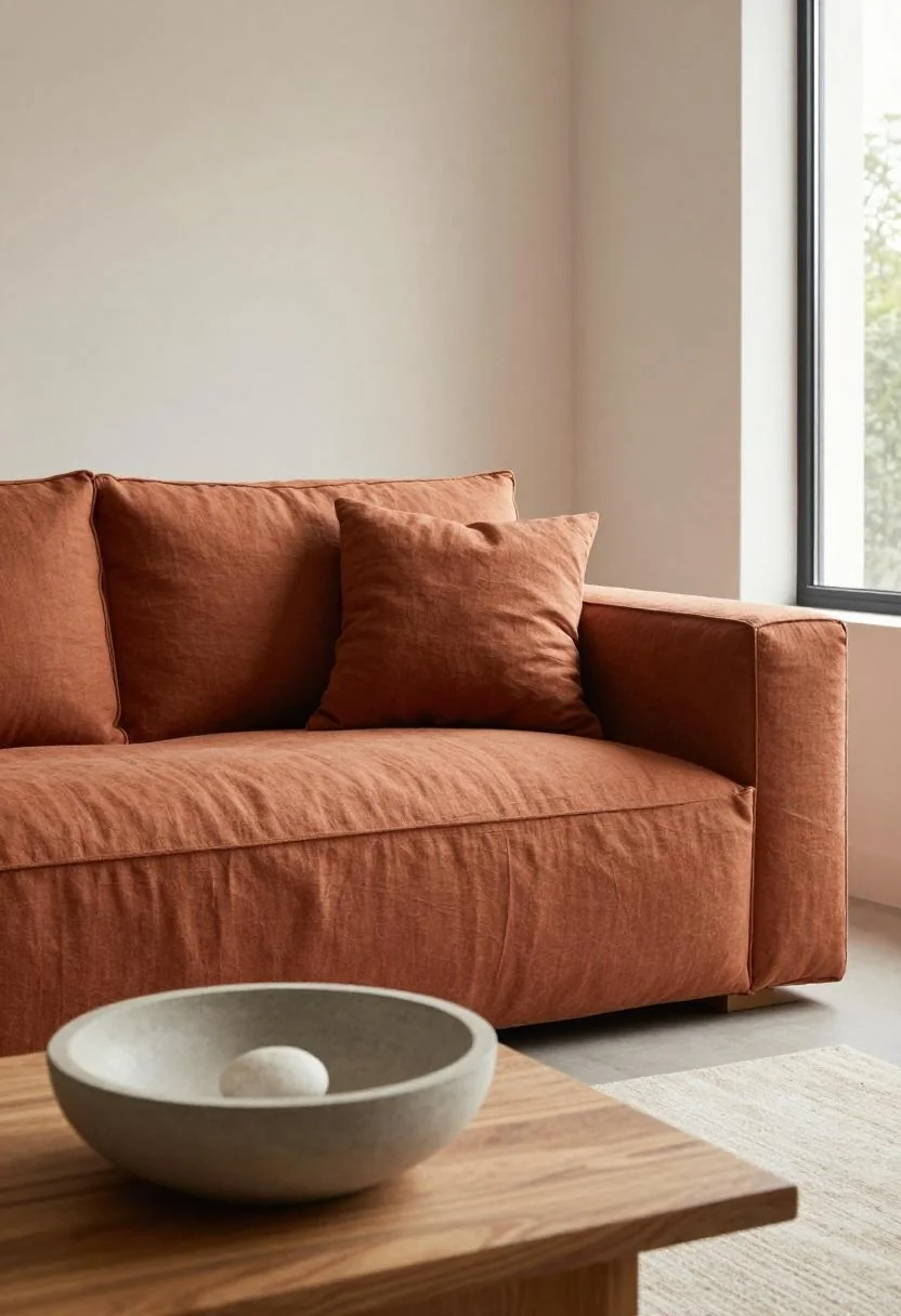 Minimalist linen sofa with warm terracotta lumbar cushion and concrete pebble bowl