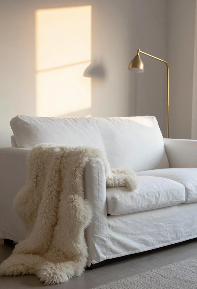 Scandinavian white linen sofa with cream sheepskin throw and brass floor lamp in golden backlight