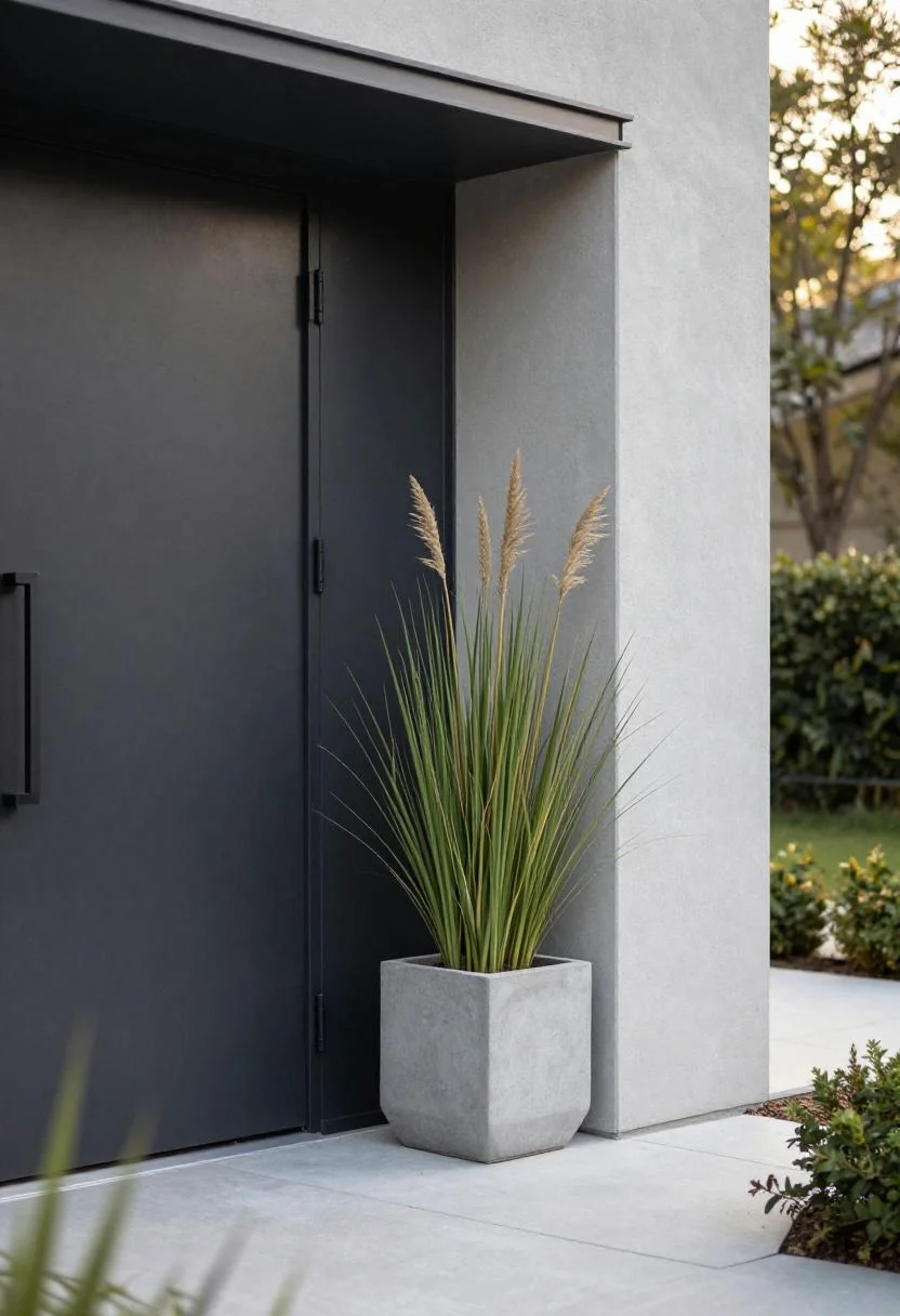 Plum noir concrete planter with ornamental grass beside a modern steel front door at golden hour