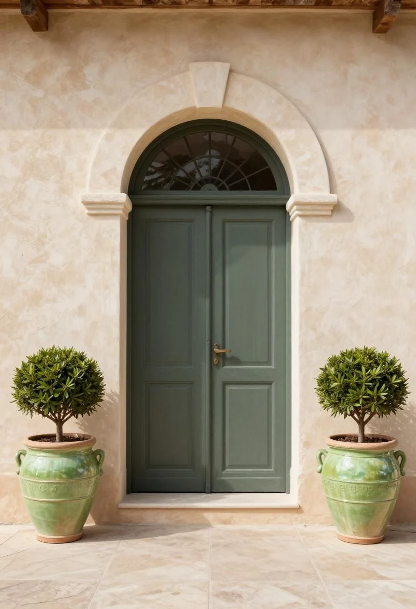Paired jade green clay pots with boxwood spheres framing a Mediterranean arched entryway