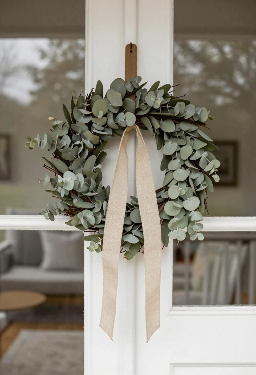 Dried eucalyptus wreath with wasabi ribbon accent on a white cottage front door