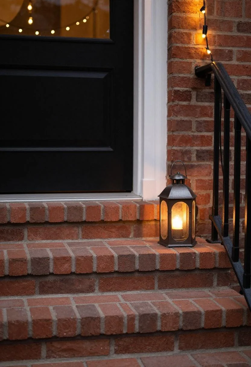 Persimmon iron lantern glowing on a brick front stoop at dusk beneath string lights