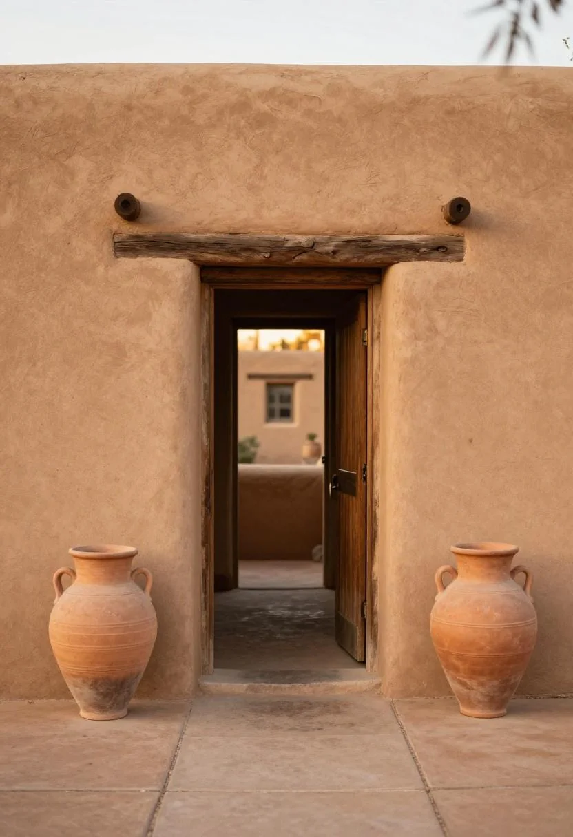 Terracotta clay ollas flanking an adobe front entry in warm golden hour backlight