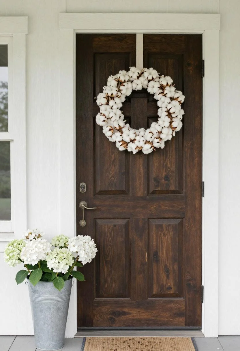Cream white cotton boll wreath on walnut farmhouse door with hydrangeas by the porch post