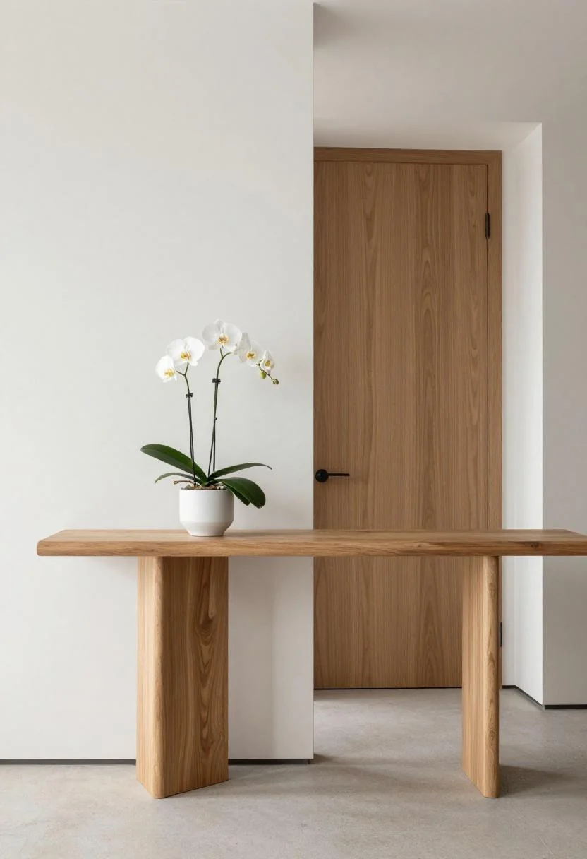 Wasabi lacquered oak console with a white orchid accent beside a contemporary front entry