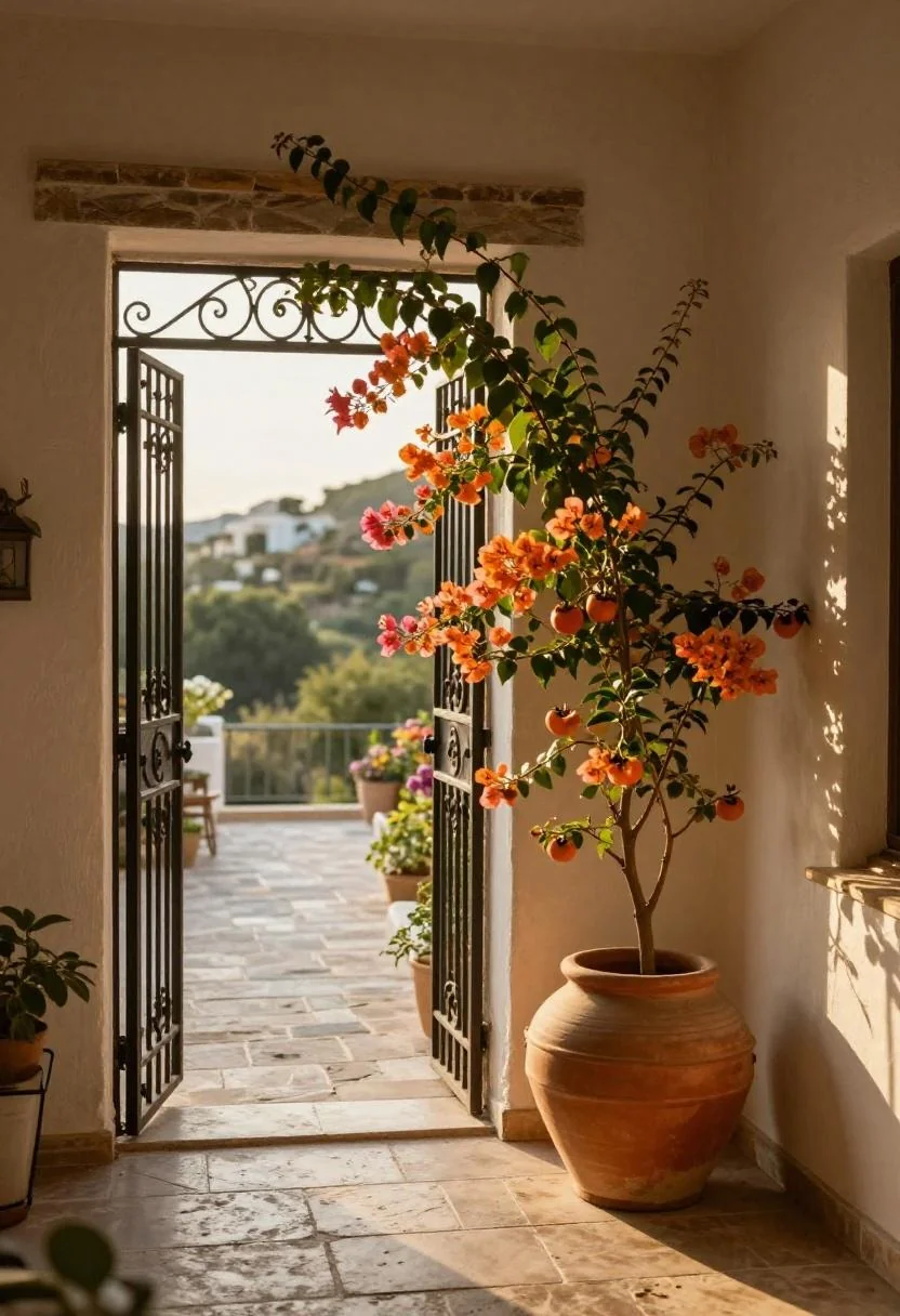 Persimmon ceramic pot of cascading bougainvillea beside a Mediterranean wrought-iron front gate