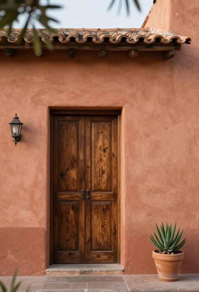Terracotta wall sconce and succulent pot accenting a Spanish colonial front entry in morning light