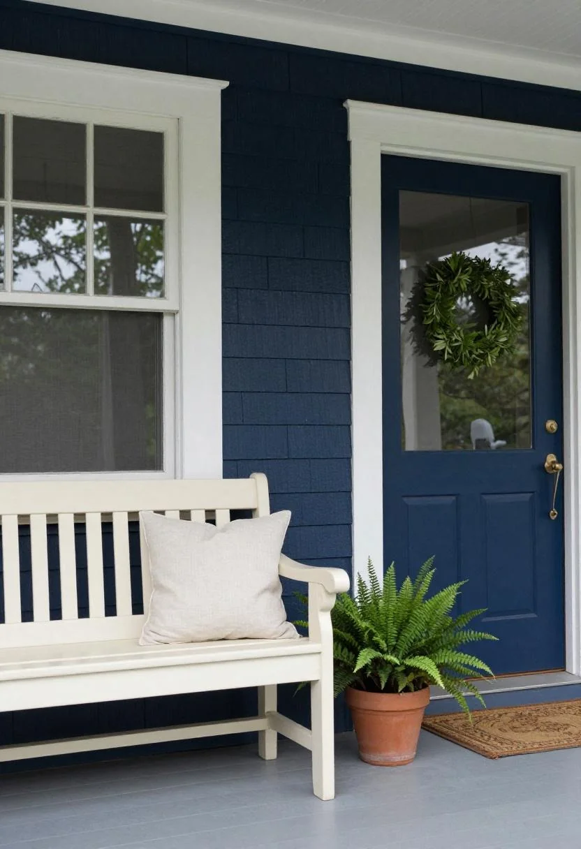 Cream white pine bench with linen pillow and fern beside a New England shiplap front door