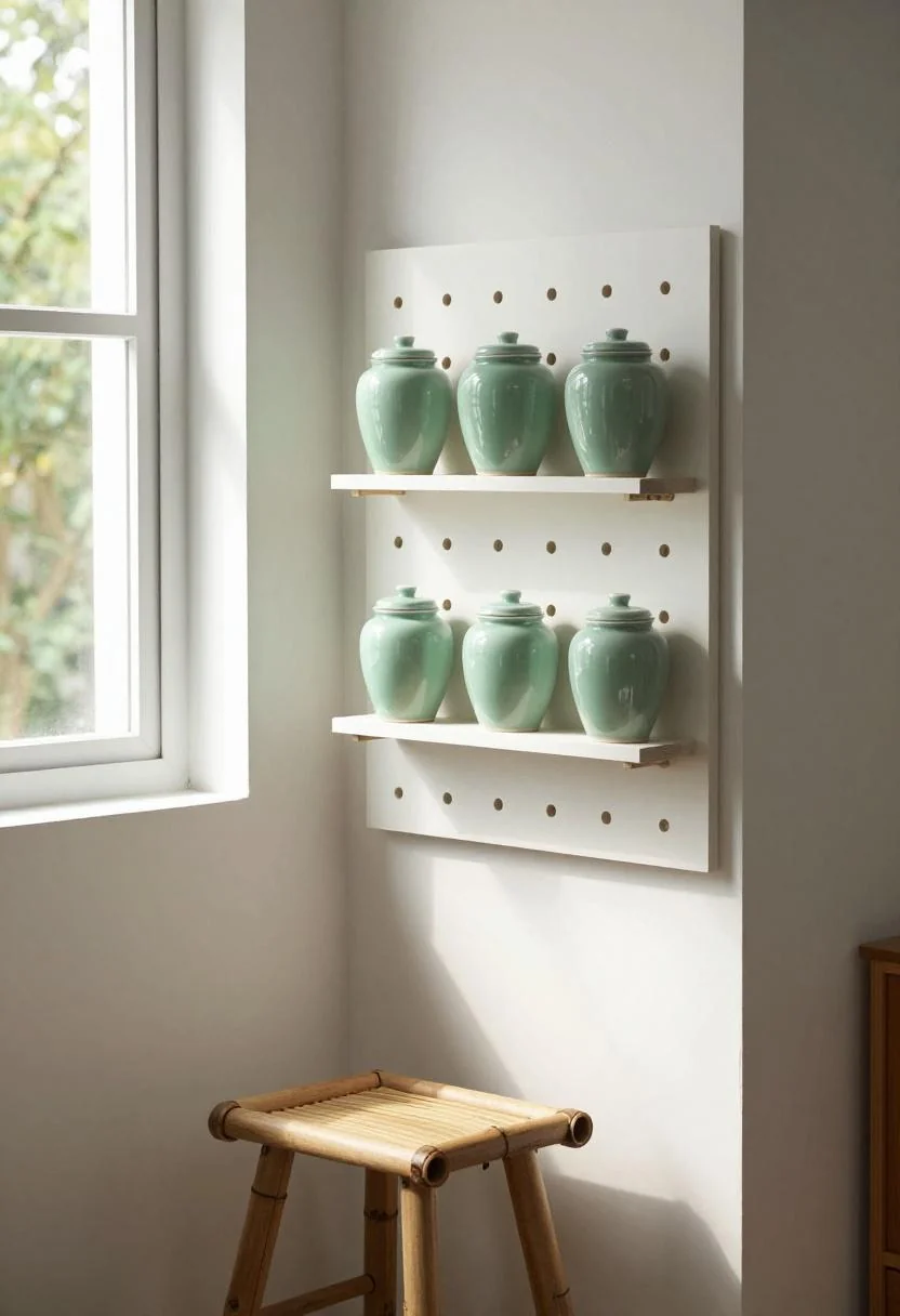 Pegboard storage and fold-flat table in a she shed craft corner