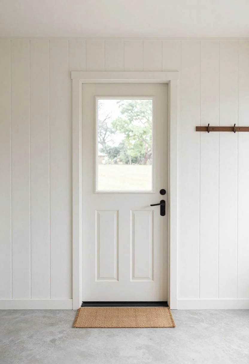 Wasabi accent wall and iron hook rail at the entry of a petite she shed