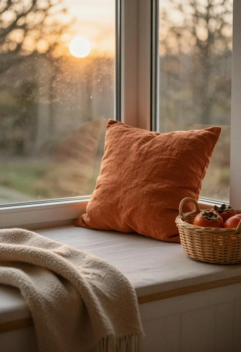 Persimmon cushion on built-in bench with hidden rattan storage in a she shed window alcove