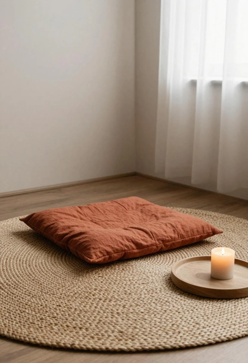 Terracotta floor cushion and oak tray defining a meditation corner in a tiny she shed