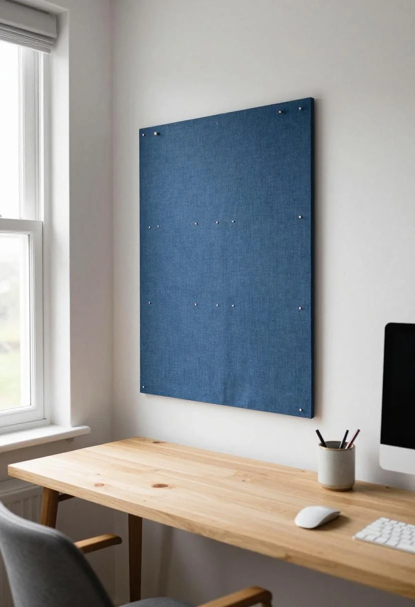 Cool blue pinboard above slim birch desk in a she shed home office setup