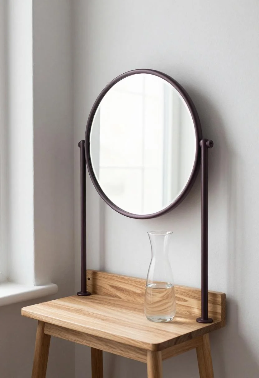 Plum noir steel mirror and oak shelf creating a vanity nook in a miniature she shed