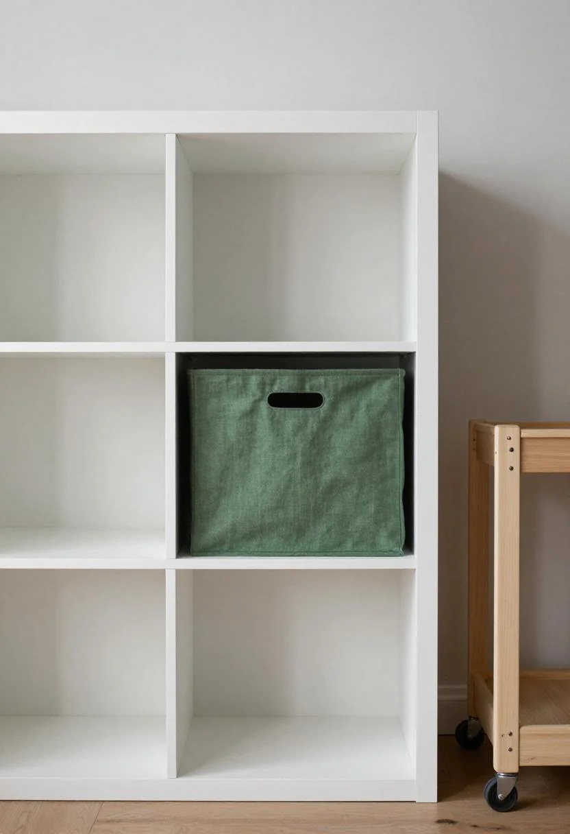 Floor-to-ceiling pine shelving with jade accent bin maximizing vertical storage in a she shed