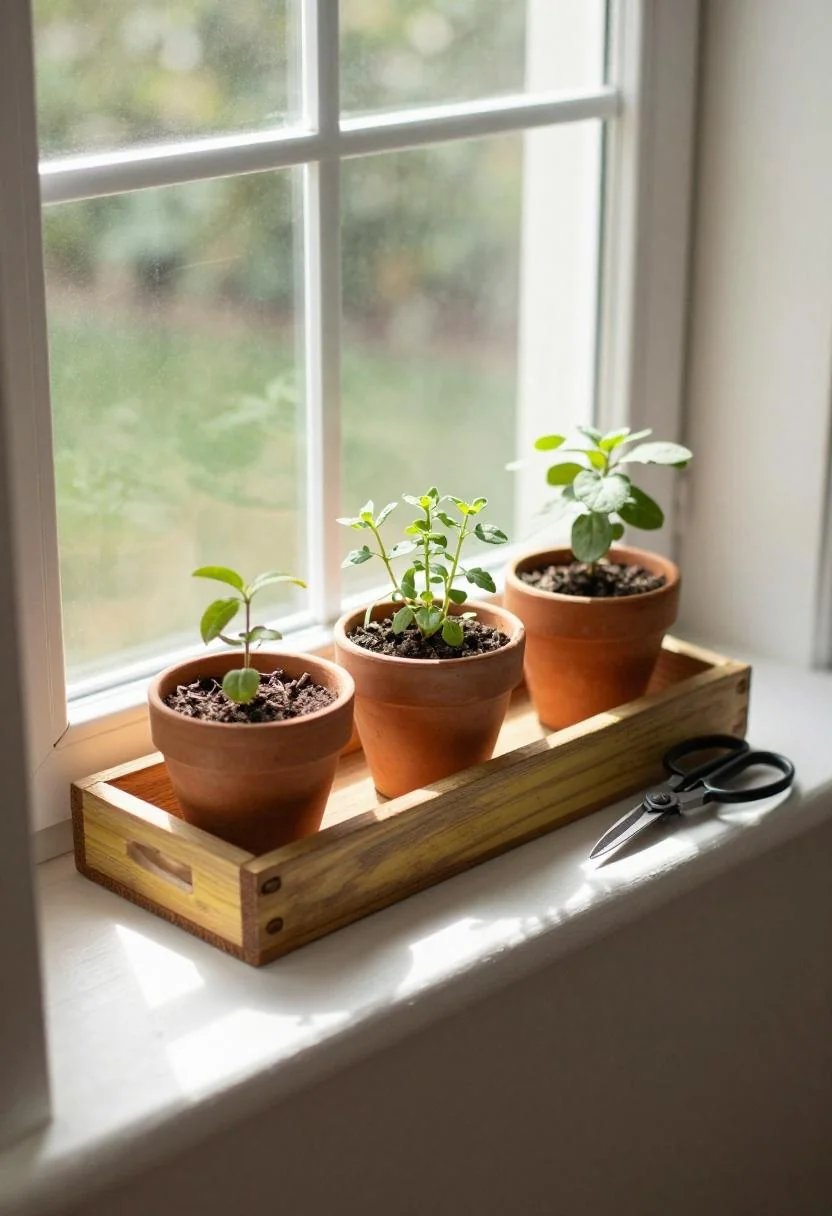 Wasabi tray corralling terracotta herb pots on a she shed sill for a functional living accent