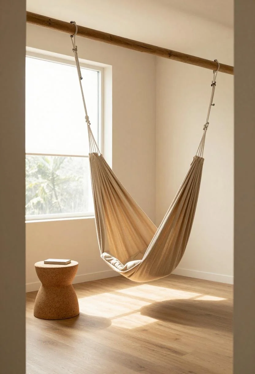 Persimmon hammock chair and cork side table floating in the center of a tiny she shed lounge
