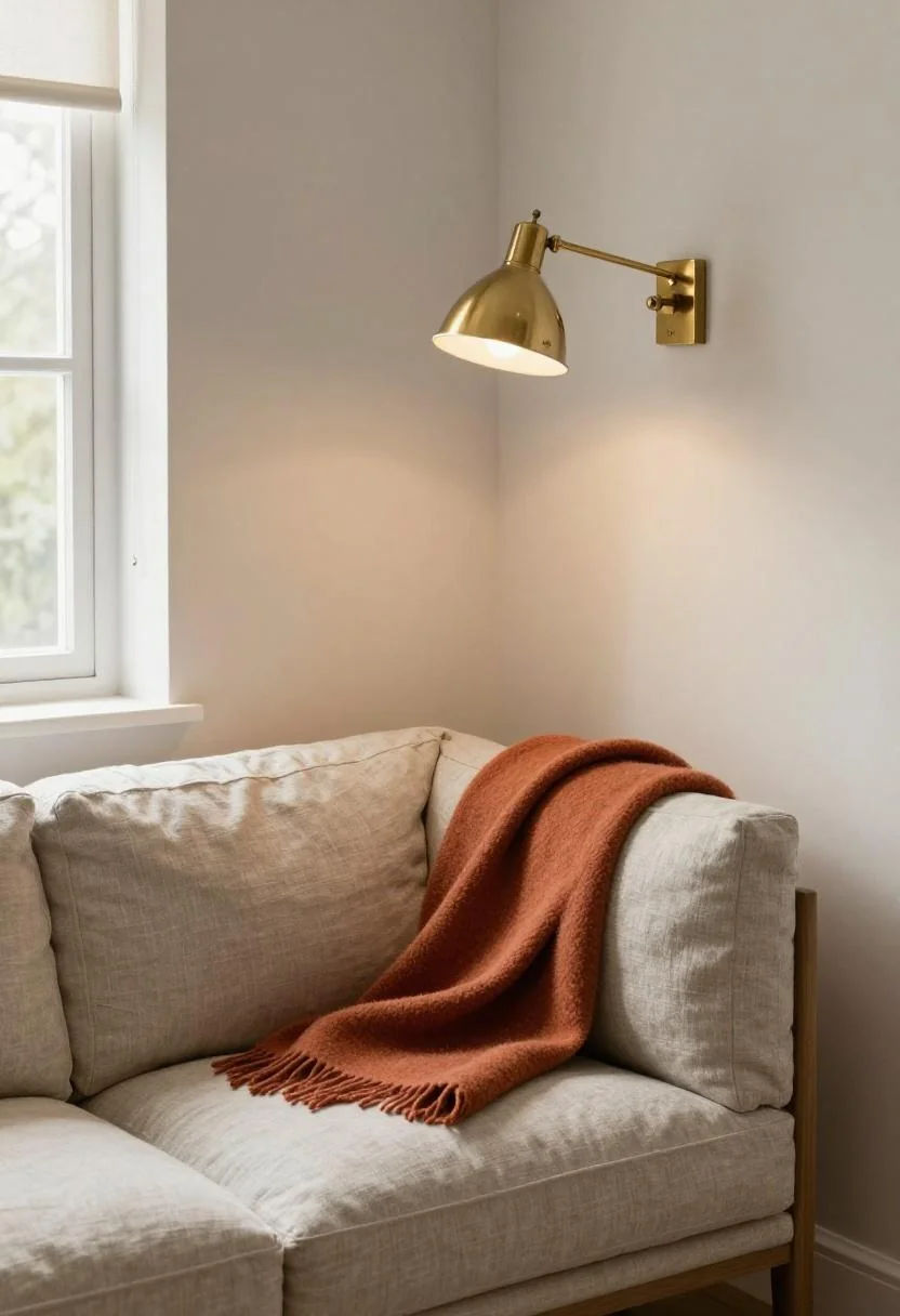Terracotta throw and swing-arm lamp on a linen slipper chair in a she shed reading nook