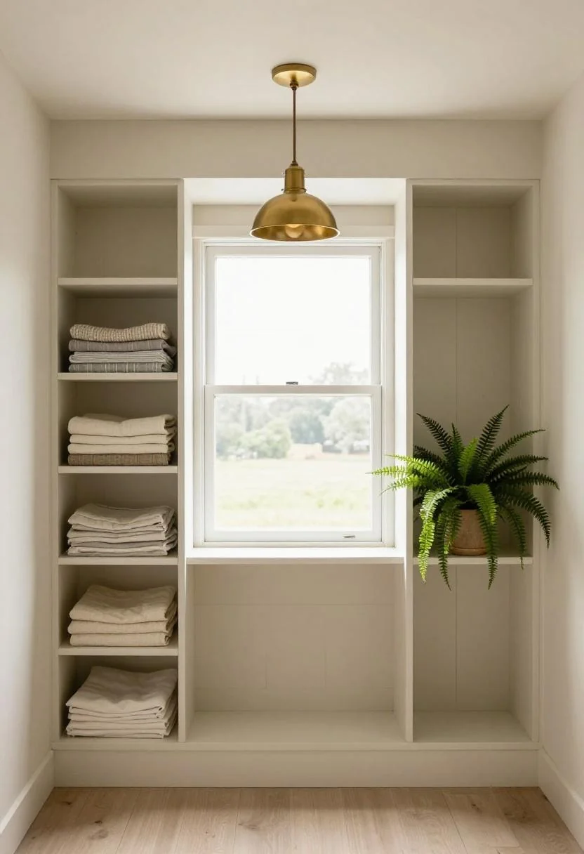 Cream shiplap open shelving on the back wall of a compact she shed retreat