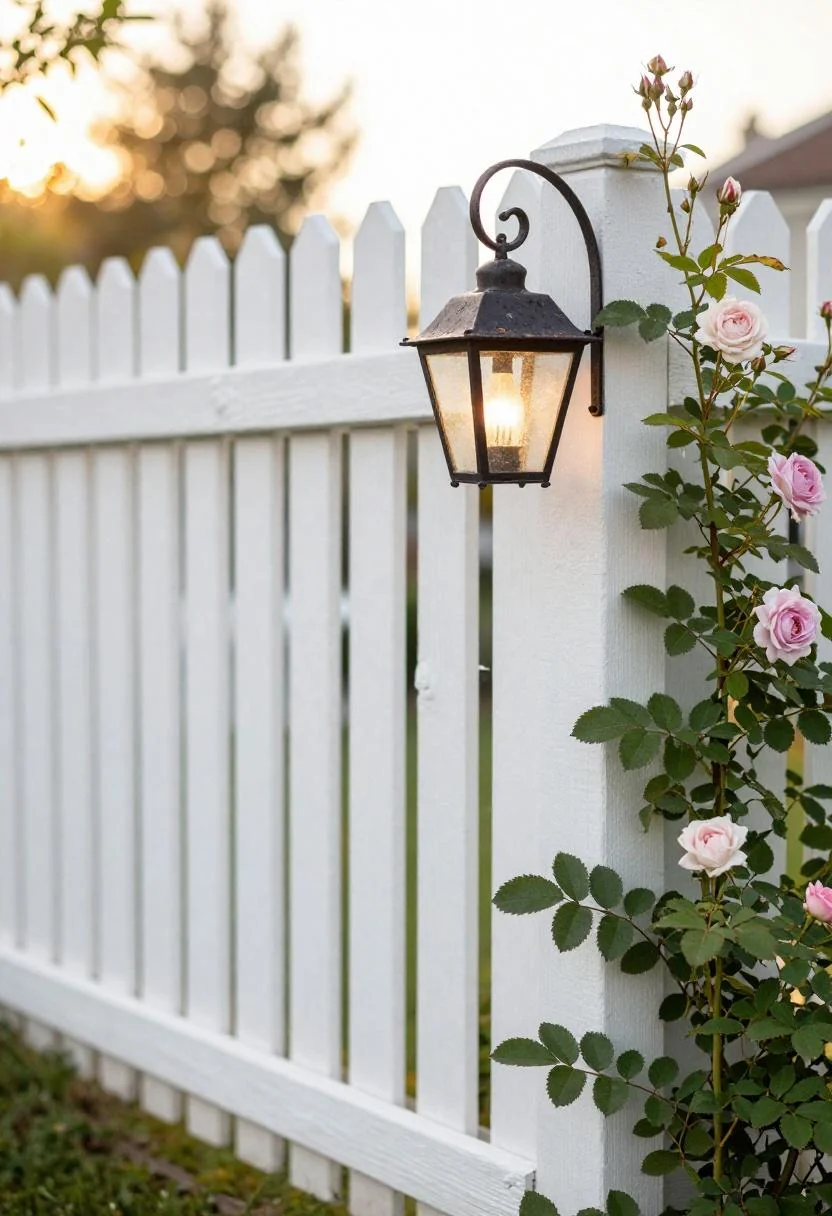 Plum noir wrought-iron lantern hanging from a cottage fence post amid climbing roses at golden hour