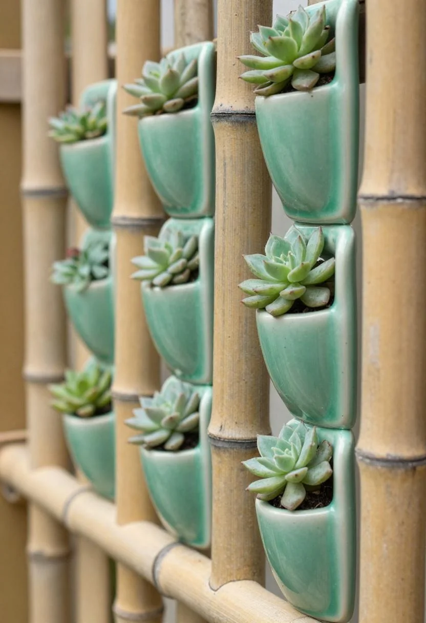 Jade green ceramic wall pockets with succulents arranged vertically on a bamboo fence