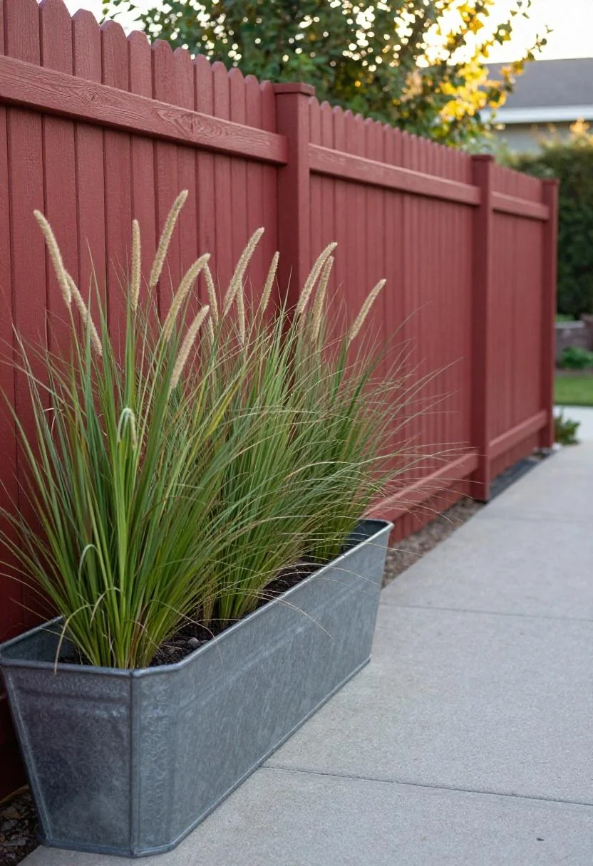 Wasabi galvanized trough planter with ornamental grasses anchored at the base of a redwood fence