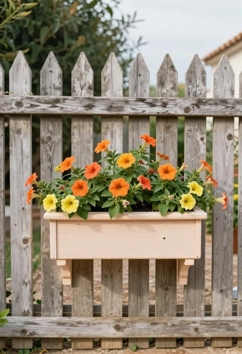 Persimmon window box bracket spilling petunias across a weathered oak Mediterranean fence