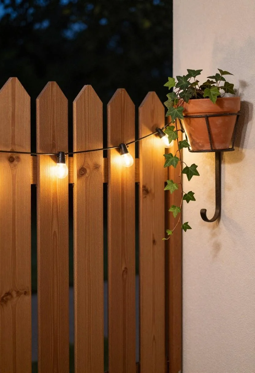 Warm terracotta clay pot with trailing ivy hung on a pine fence at dusk under string lights
